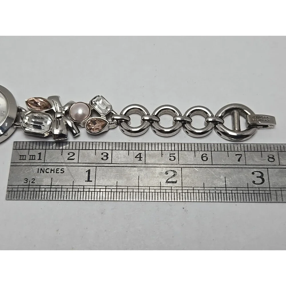 Womens Guess Pink Marquise Crystal Pearls Bows Silver Bracelet Watch New Battery